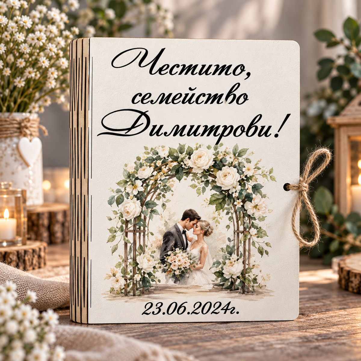 Персонализирана картичка за сватба с фамилия и дата