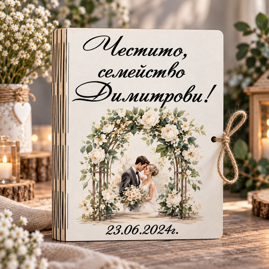 Персонализирана картичка за сватба с фамилия и дата